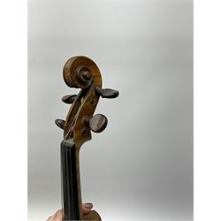 French Mirecourt violin c1920s with 36cm one-piece maple back and ribs and spruce top, labelled Jermone Thibouville-Lamy, L59cm, in fitted carrying case with German bow and 1984 valuation certificate by Frome Valley Music