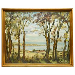W Joyce Lakeman (British 20th century): Coastal Tree Landscape, oil on board signed 58cm x 72cm