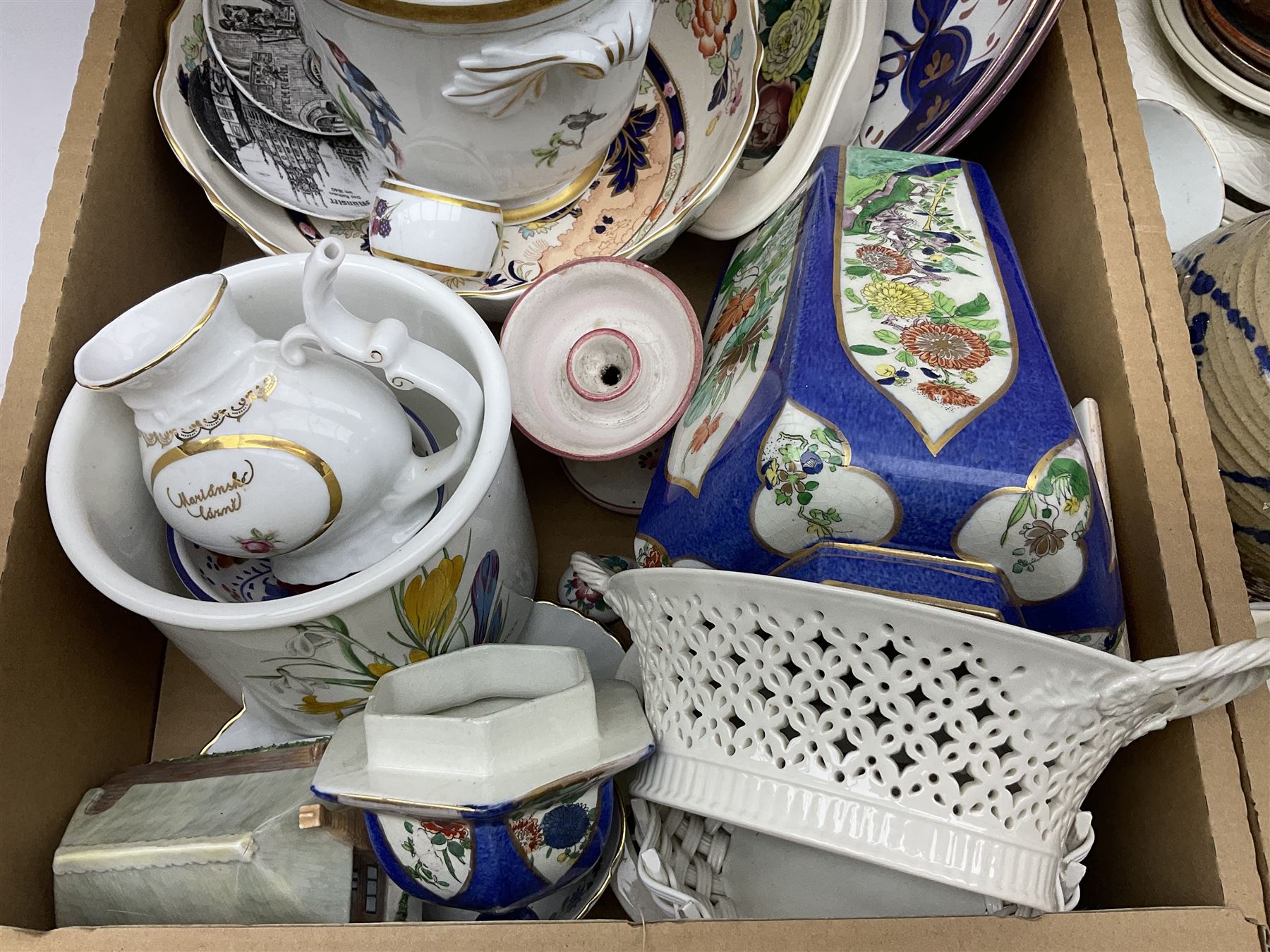 Twin handled cache pot in the style of Herend Hungary, stamped VA Portugal, decorated with birds upon branches, Mason's Ironstone large footed bowl in the Mandarin pattern, Spode Gainsborough bowl, Royal Doulton Bird of Paradise plate c1938 D4602, lustre plates, Aynsley, oriental style lidded vase, Portmeirion, lattice creamware, J & G Meakin Sol, Wedgwood, studio pottery, Spode York Minister boxed plate etc