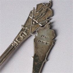 George III silver cream jug with crimped rim and scroll handle, Victorian silver cream jug with embossed decoration Birmingham 1888 and three silver golf spoons Birmingham 1961