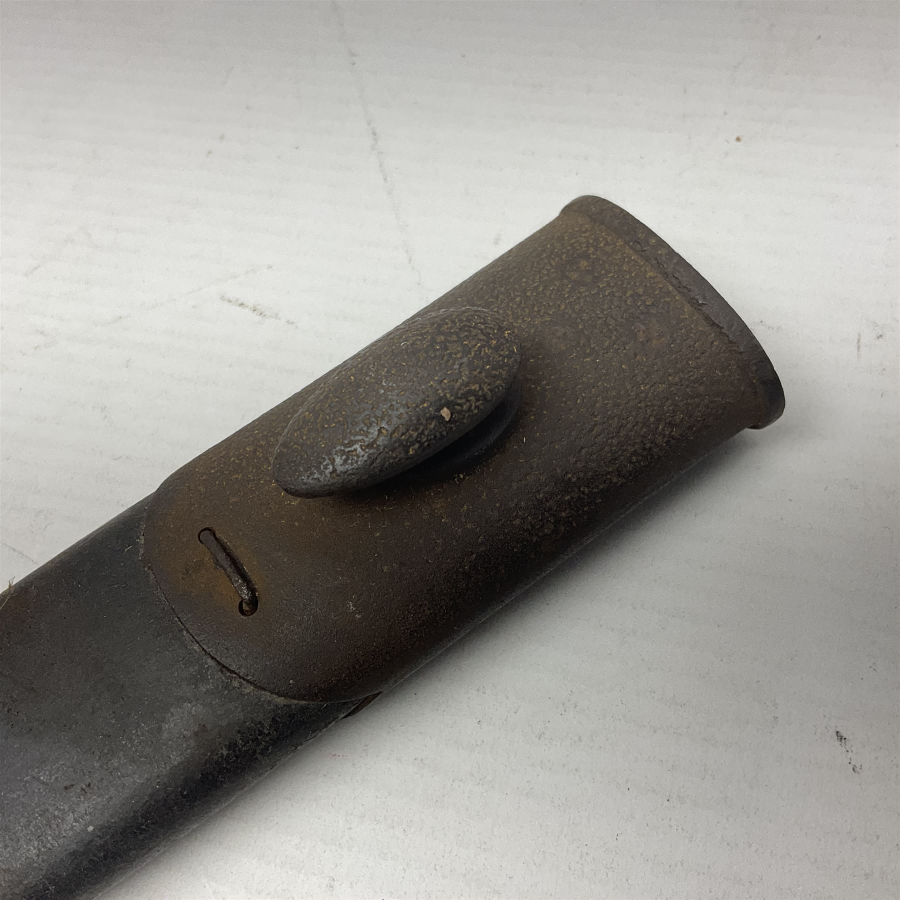 British Pattern 1888 knife bayonet, the 30cm double edged blade by Sanderson with central raised medial ridge and various marks to the ricasso including date code 12 98; in leather covered scabbard with various stamped marks L44cm overall