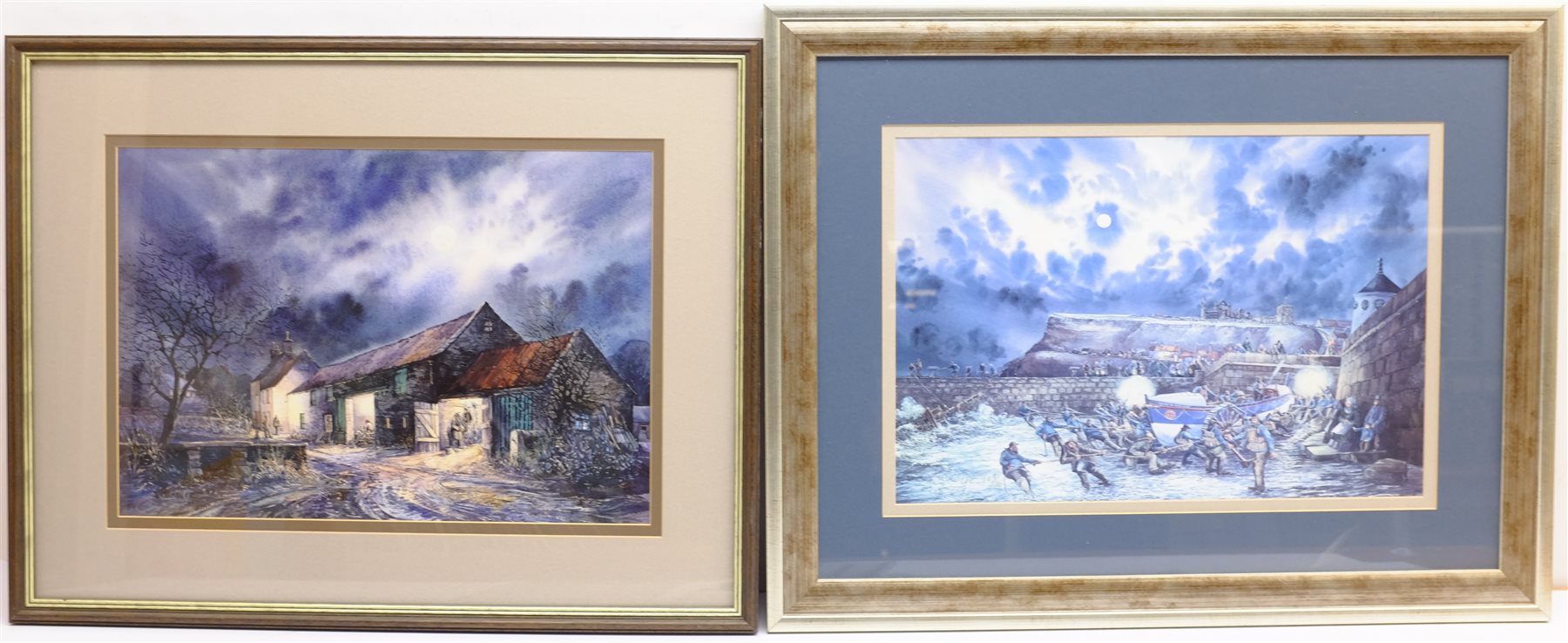 After John Freeman (British 1942-): 'Day's End Manor Farm' and 'The Shout', pair moonlit colour prints, and a further print of Whitby after Jack Rigg, max 30cm x 45cm (3)