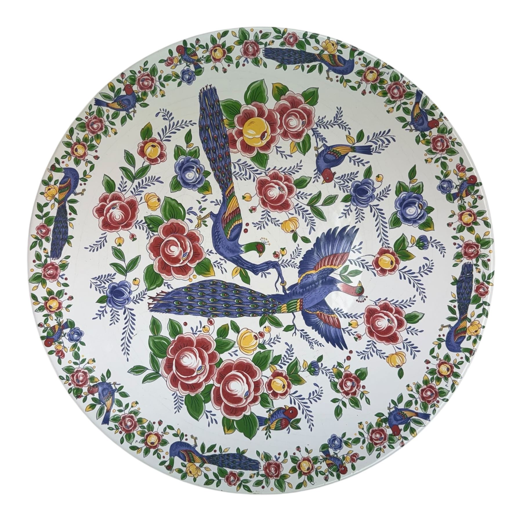 Ten Delft and similar chargers, including Delfts Blauw and Boch examples, largest D40cm