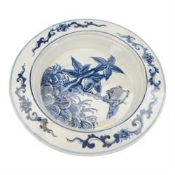 Oversized oriental blue and white teapot, the panels decorated with birds amongst blossoming branches, with a metal handle, four character mark beneath,  H48cm 