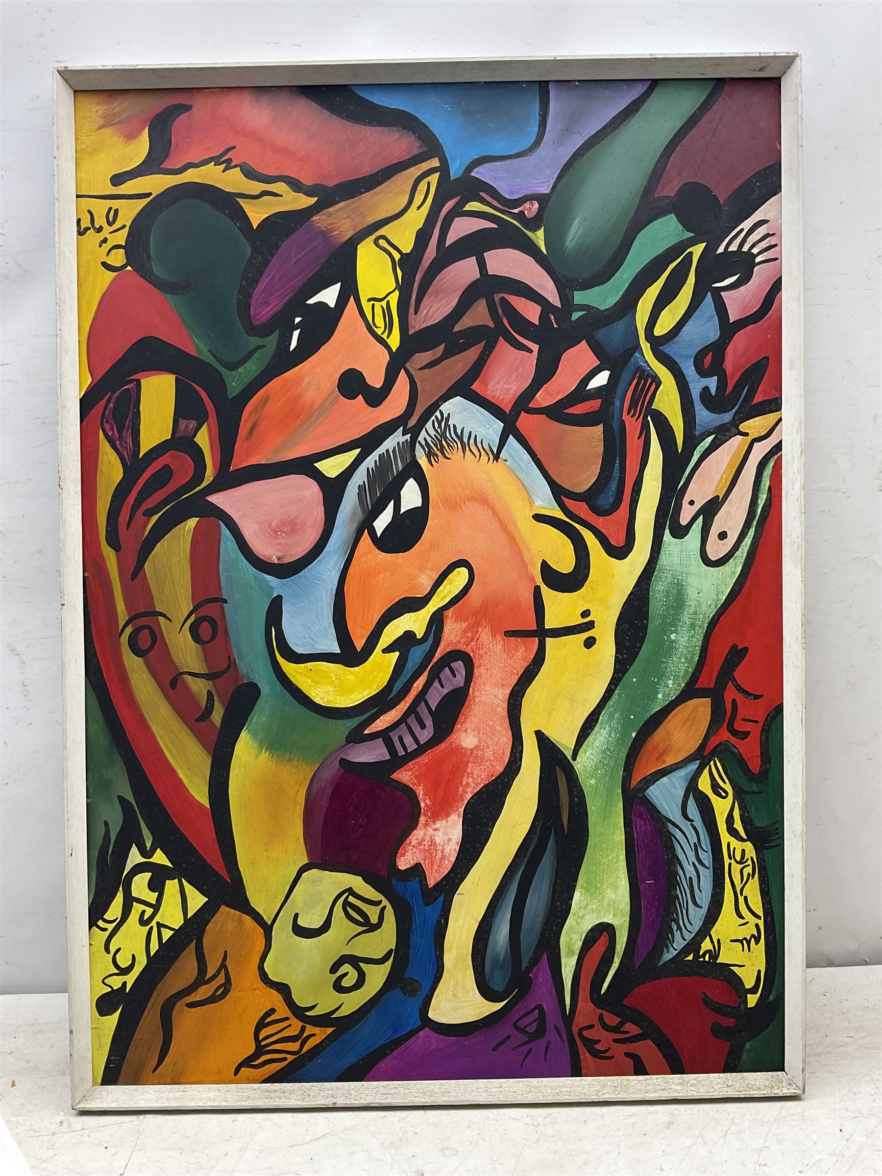 Christine Gloria Cox (Scarborough 1942-2014): Surreal Portraits, acrylic on board, one signed with monogram and with partial exhibition label verso max 62cm x 92cm (2)