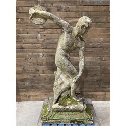 Life-size weathered cast stone Greek Discus Athlete, seated on rectangular slab raised on associated architectural plinth