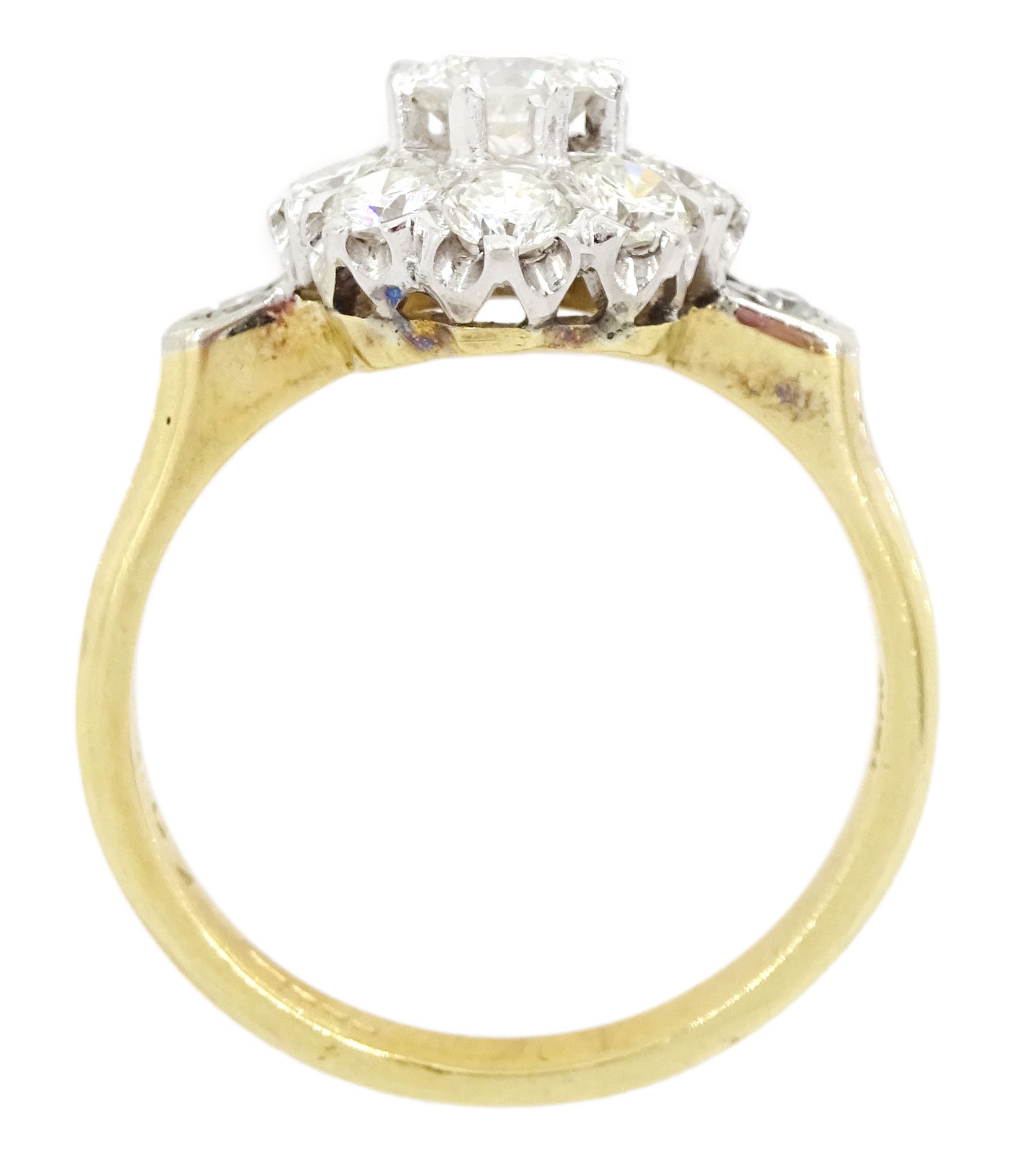 Gold round brilliant cut diamond flower head cluster ring, stamped 18ct, total diamond weight approx 0.90 carat