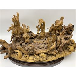 Large Chinese wood carving, depicting the eight immortals crossing the sea, H46cm, L78cm 