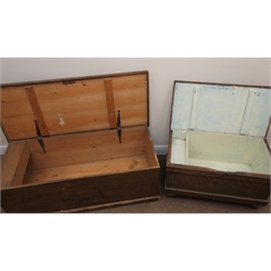  Victorian stained and grained pine blanket box, W124cm, and a small pine blanket box, W79cm (2)  