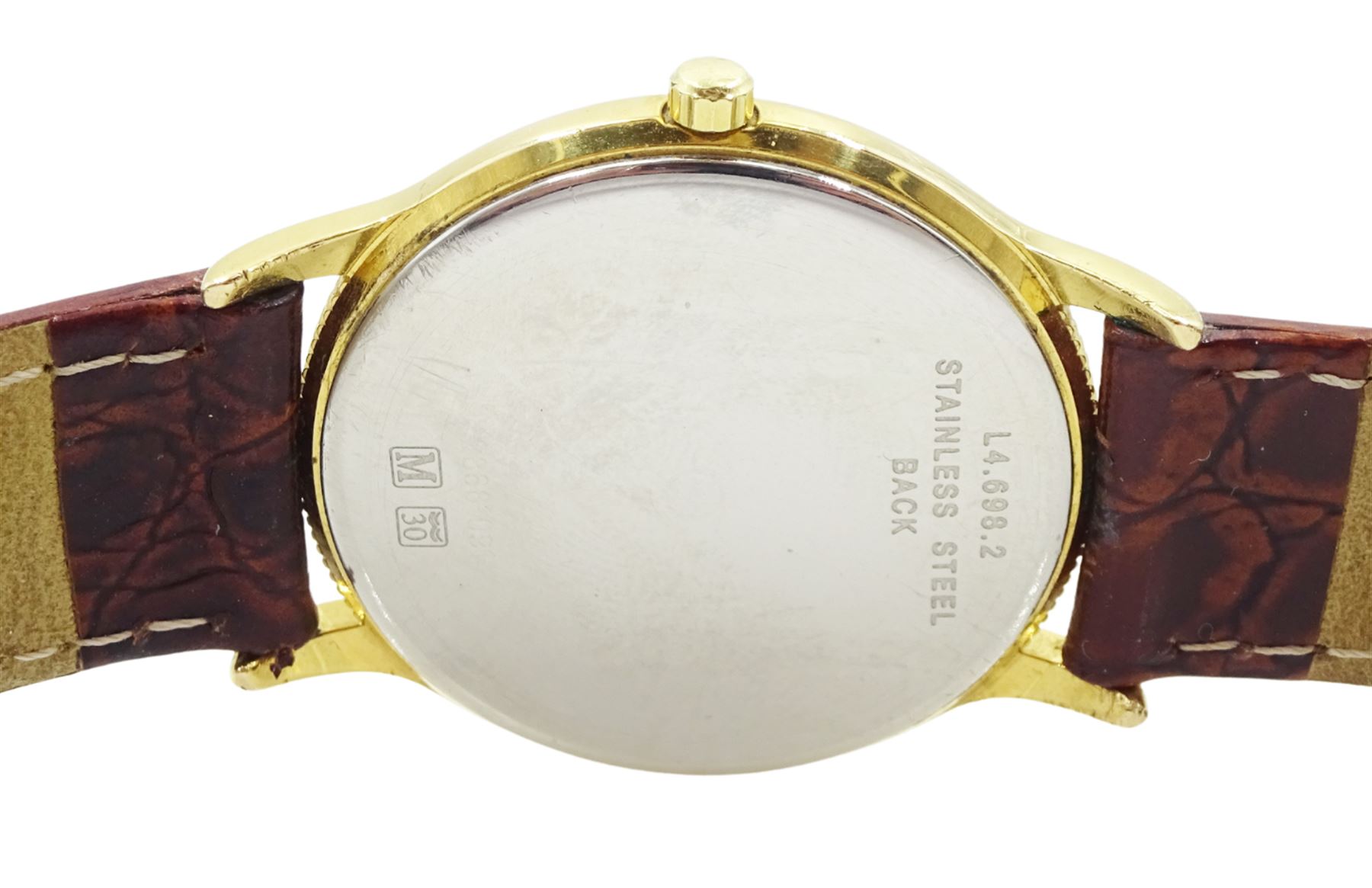 Longines gentleman's stainless steel quartz wristwatch, model No. L4.698.2, on original brown leather strap