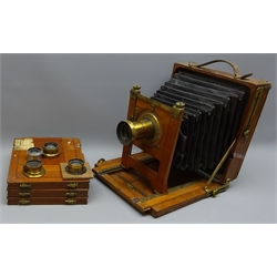  Victorian mahogany & brass studio half-plate camera with Taylor Taylor & Hobson No. 56837, Ross Resolux F.3.5 Enlarging Objective, Busch's Wideangle Aplanat No.3 Serie C F:16 and No.2 ROJA Vorm Emil Busch Rathenhow lenses and three plates, Provenance - Formerly the property of Ken Grant photo studio on Aberdeen Walk Scarborough. Ken also photographed the Beatles & Rolling Stones on Tour  