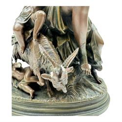 Large table lamp, the base modelled as a woman with putti and goat, with three glass shades, H90cm   