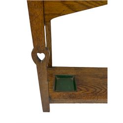 Arts & Crafts period oak hall-stand, fitted with mirror and green tiles 
