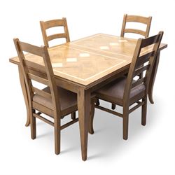 Barker and Stonehouse Flag Stone extending dining table and four matching chairs, the rectangular top with parquetry inlay and contrasting border, extending by central leaf, on slightly curved supports, the chairs with padded upholstered seats and ladder backs (Chairs H 108cm, W 50cm, D 54cm) (Extends to 195cm)