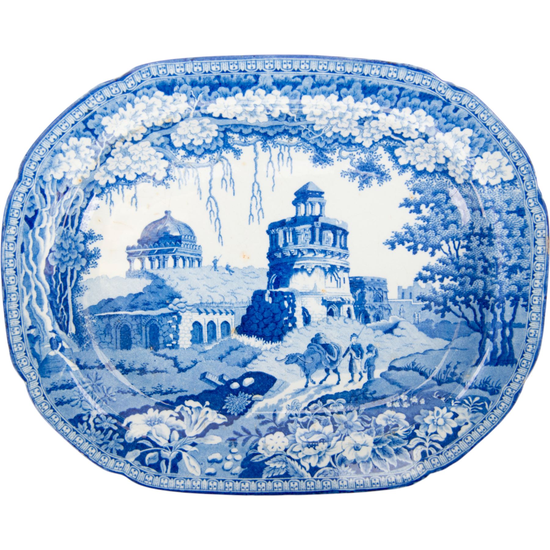 Three 19th century John Rogers & Son blue and white transfer printed Monopteros pattern meat platters, two impressed 14 and a smaller example impressed 12 verso, largest W37cm
