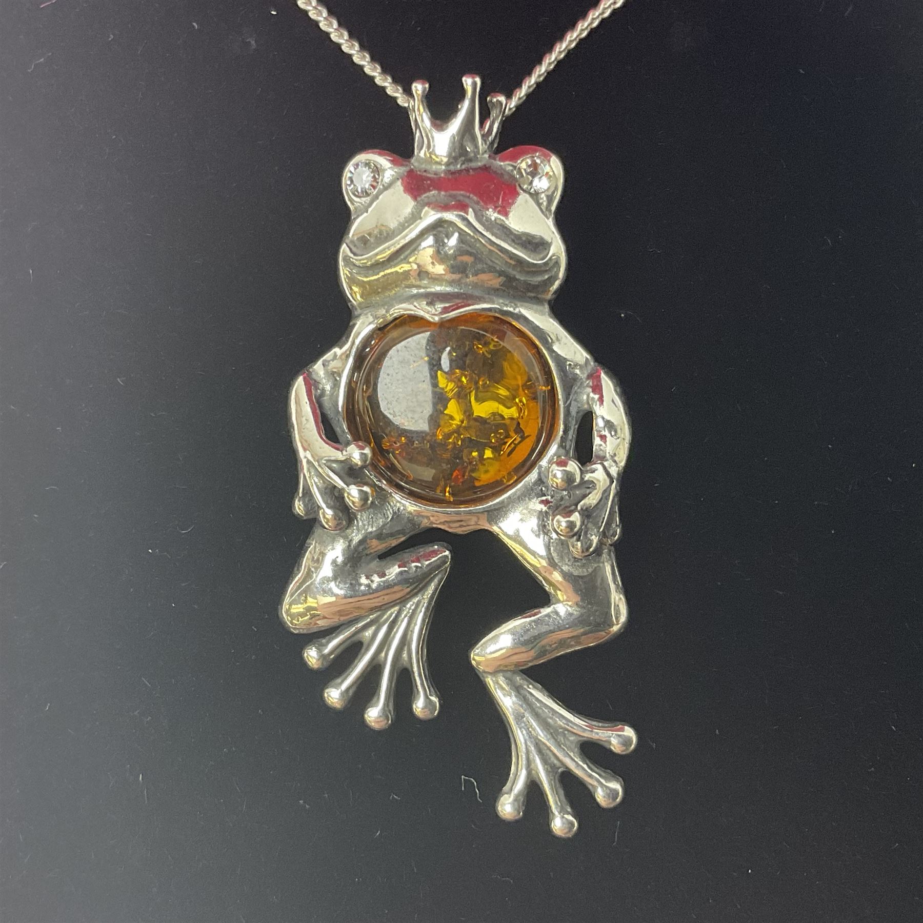 Silver Baltic amber frog prince pendant necklace, stamped 925 