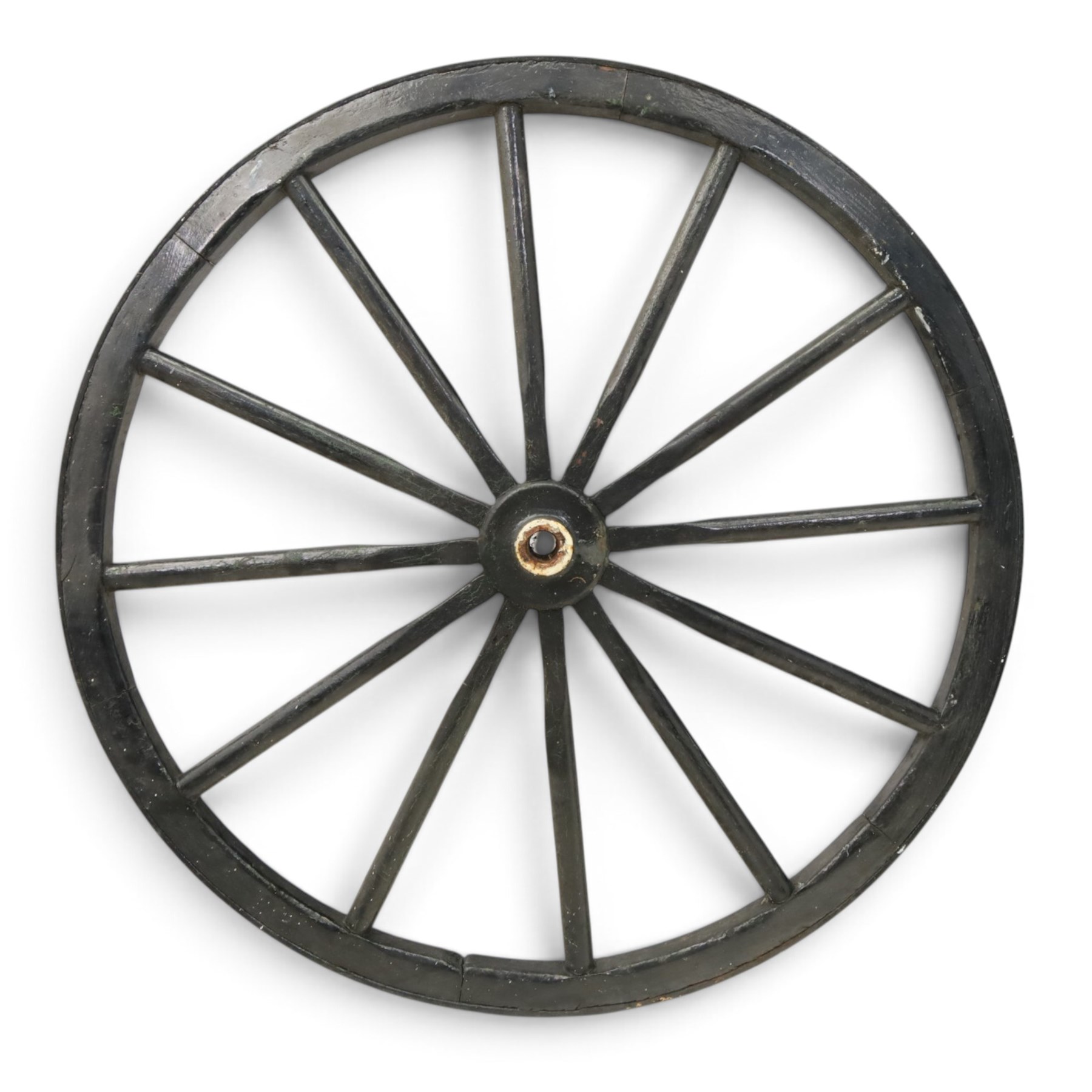 Pair of Victorian black lacquered and painted cartwheels with twelve spokes