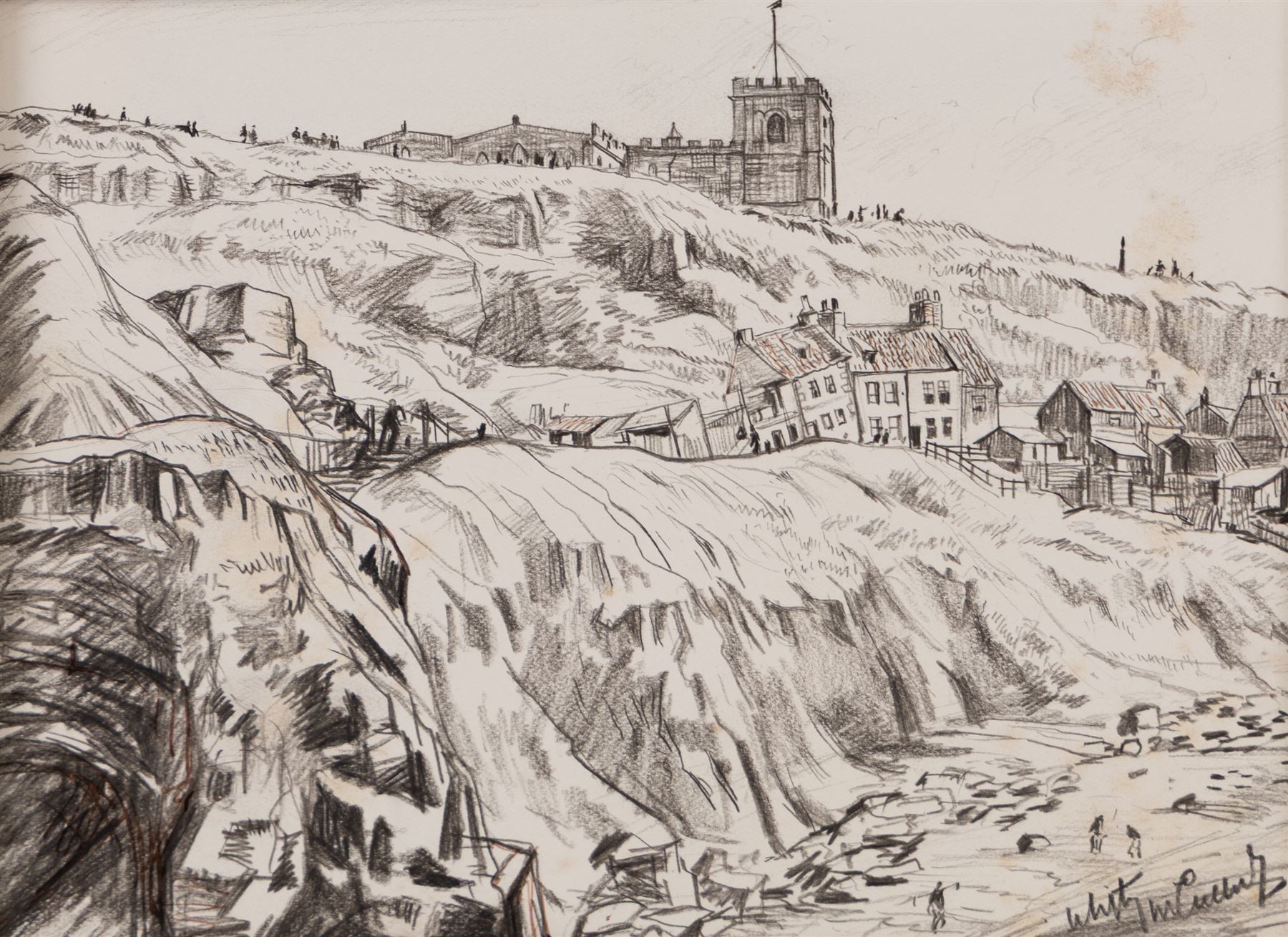Joseph Ridley Ratcliffe McCulloch RBA (British 1893-1961): Collection of locations across North Yorkshire including 'Scarboro' Castle' and 'Whitby', five mixed media signed dated and titled max 19.5cm x 31.5cm (5) (unframed)