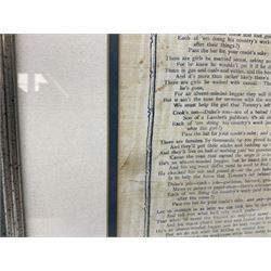 Boer War cotton handkerchief printed with portraits of Lord Roberts and Queen Victoria with a map of Southern Africa and Kipling's The Absent Minded Beggar, framed, handkerchief 44.5 x 43cm