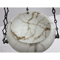 Art Deco style frosted glass marbled fly catcher light shade, suspended by three chains, D31cm