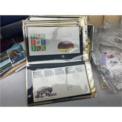 World stamps including Australia, Antigua, Canada, New Zealand, St Vincent, Republic of Maldives, Norfolk Island, Malta etc, Great British and other first day covers, Queen Elizabeth II 60th Birthday commemorative stamps etc, housed in five albums/folders and loose, in one box