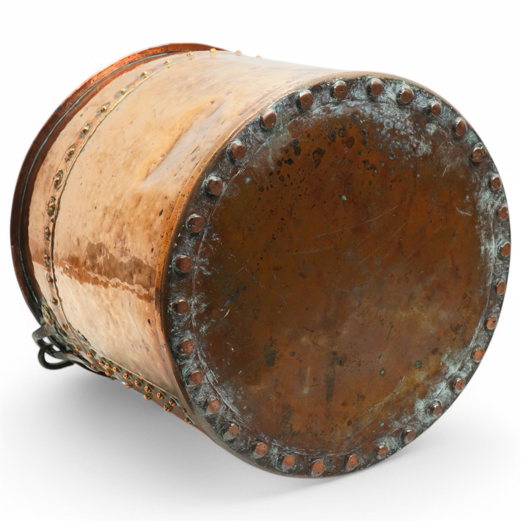 Early 20th century copper bucket, with cylindrical riveted body and brass loop handle, H31cm D34cm  