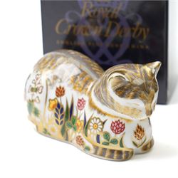 Six Royal Crown Derby paperweights, comprising 'Misty' collectors cat with gold stopper, Sleeping Cat with silver stopper, Fireside Kitten with gold stopper, Thomas Silver Tabby Kitten with gold stopper, Tabitha Silver Tabby Kitten with gold stopper, Cottage Cat with gold stopper, four with boxes (6)