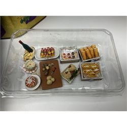 Collection of miniature dolls house pub accessories including wine bottles and glasses, together with miniature dolls house cafe food and accessories, plates, vases and wired and non-wired lighting including table lamps and ceiling lights 