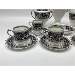 Wedgwood navy Florentine pattern coffee service for six, comprising coffeepot, coffee cans and saucers, milk jug, twin handled covered sucrier and small dish