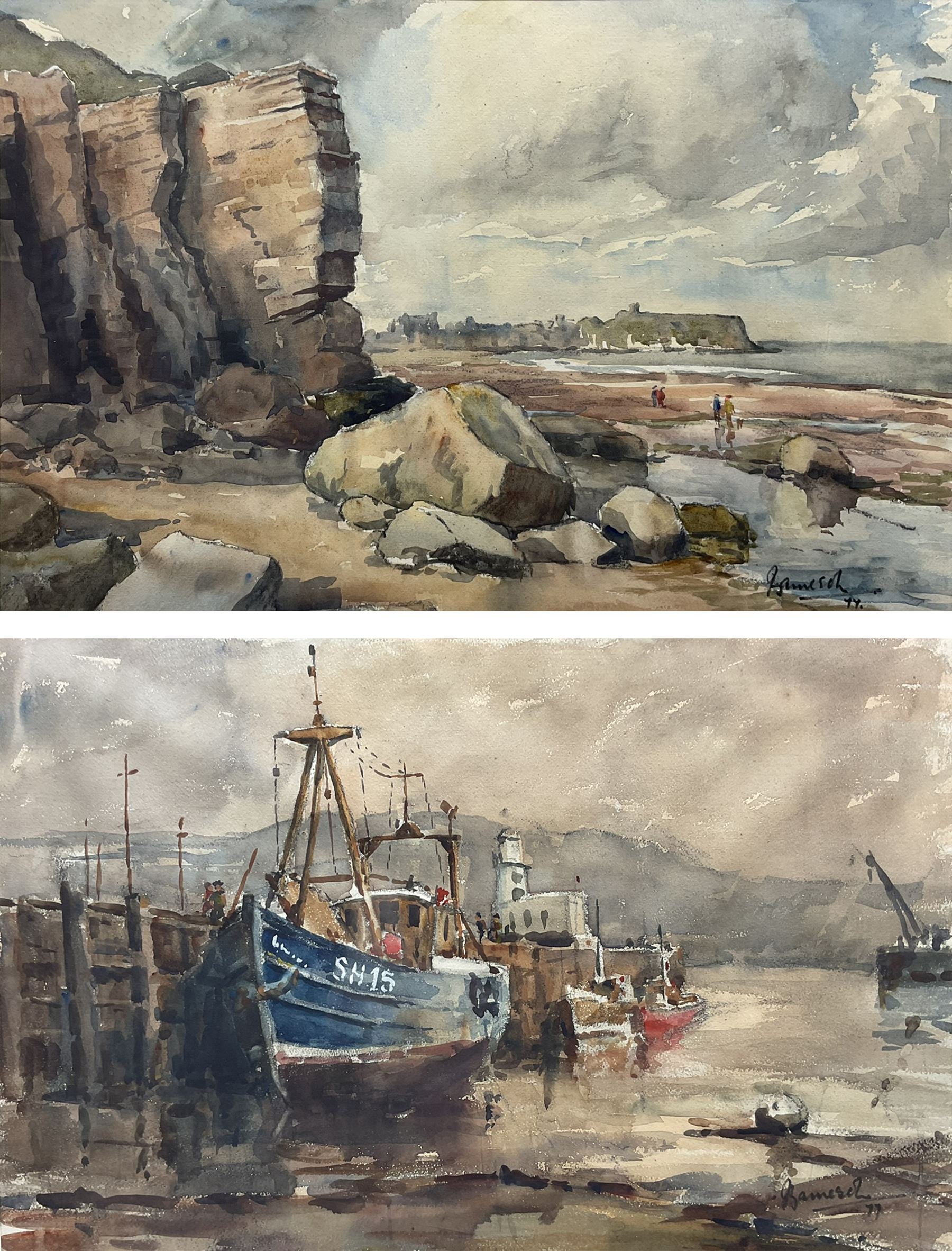 Jim Jameson (Yorkshire 20th century): 'South Beach' and 'Blue Boat - Scarborough Harbour', pair watercolours signed and dated '77, titled verso with artist's address label 34cm x 53cm (2)