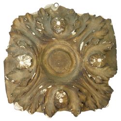 After the Antique - Three relief moulded plaster panels with figures, flowers etc., largest 20cm x 52cm and two ceiling bosses larger 33cm 