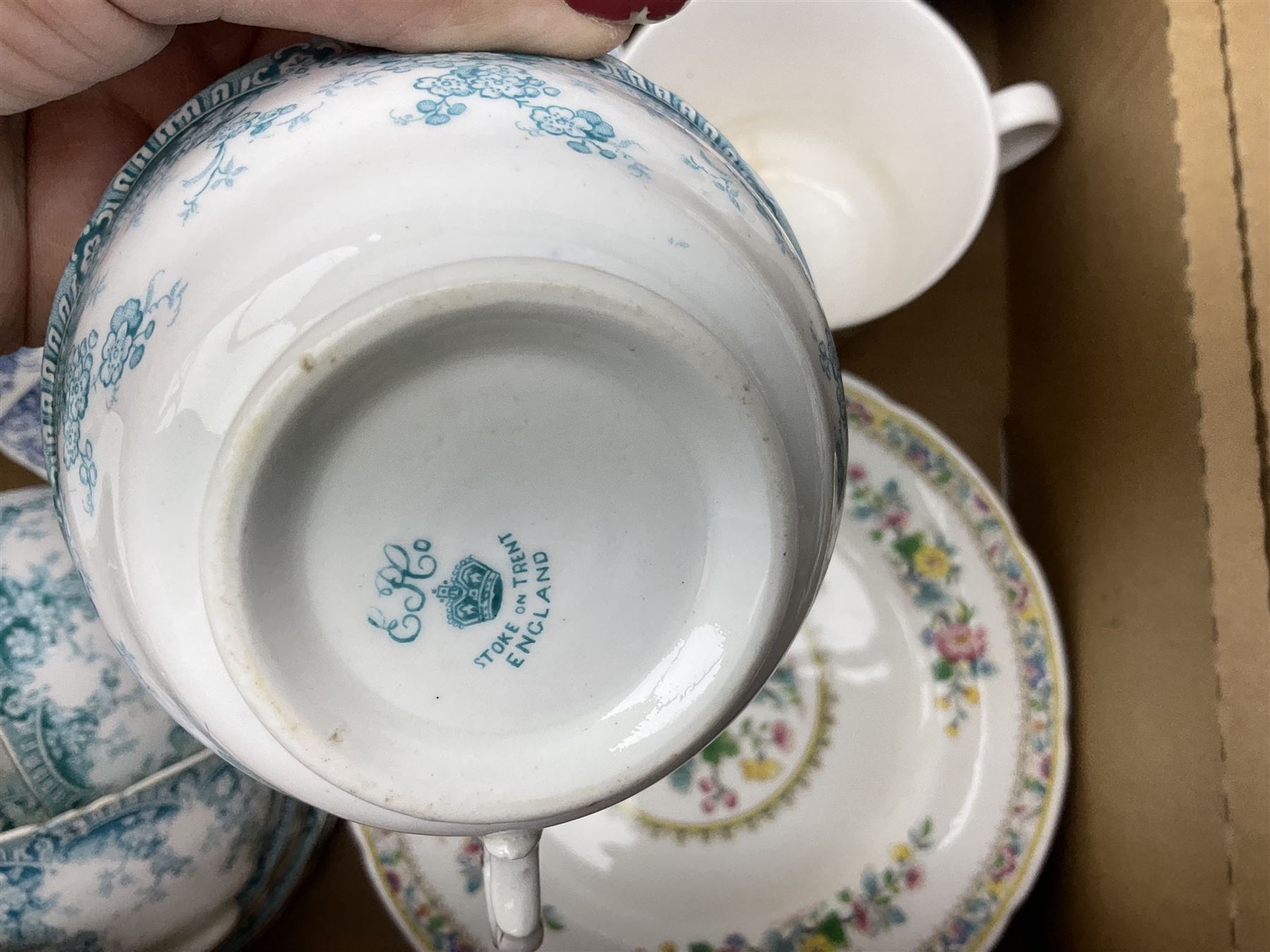 Quantity of teawares to include Coclough, Pearsons stoneware lidded twin handled pot, and other ceramics in two boxes