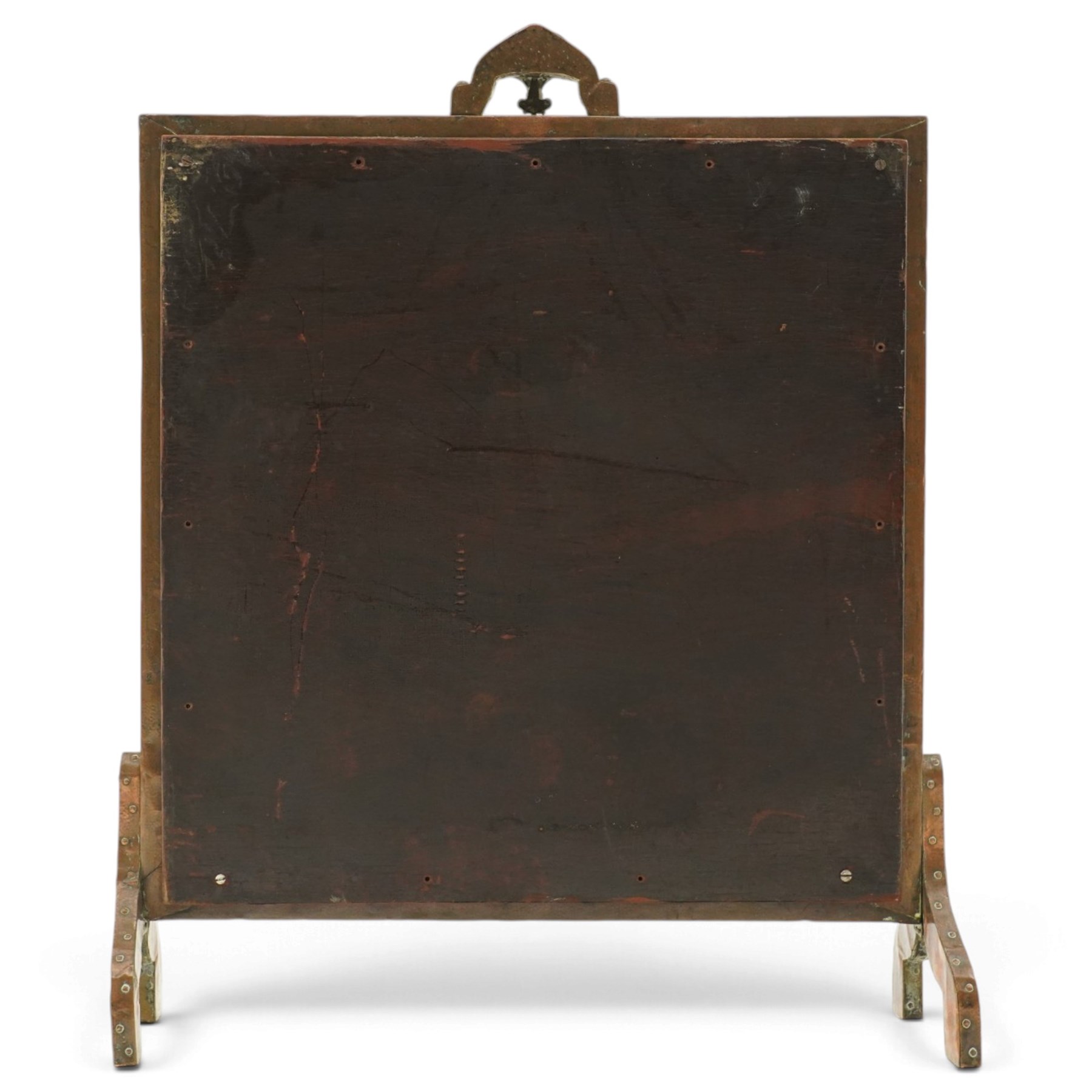 Arts & Crafts copper framed fire screen, the framed decorated in relief with with repeating waves design and floral sprigs to the corners, the central panel painted with stylised birds amongst trees, H80cm  