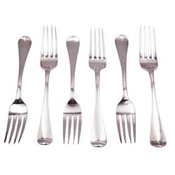 Set of six Victorian York silver table forks, the terminals detailed with Yorkshire rose to underside, hallmarked James Barber & William North, York 1838, each bearing town mark, L21cm, approximate weight 18.01 ozt (560.1 grams)