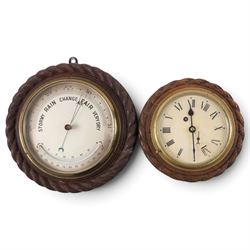 Edwardian 8-day ships bulkhead clock and aneroid barometer, both in circular oak cases wit...