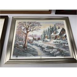 After Claude Monet (French 1840 - 1926): 'San Giorgio Maggiore', colour print; After Adolf Sehring (American 1930-): Summer Daydream, textured print; after John Trickett (British 1952-): Spaniel Puppy, colour print signed together with two needleworks (5)