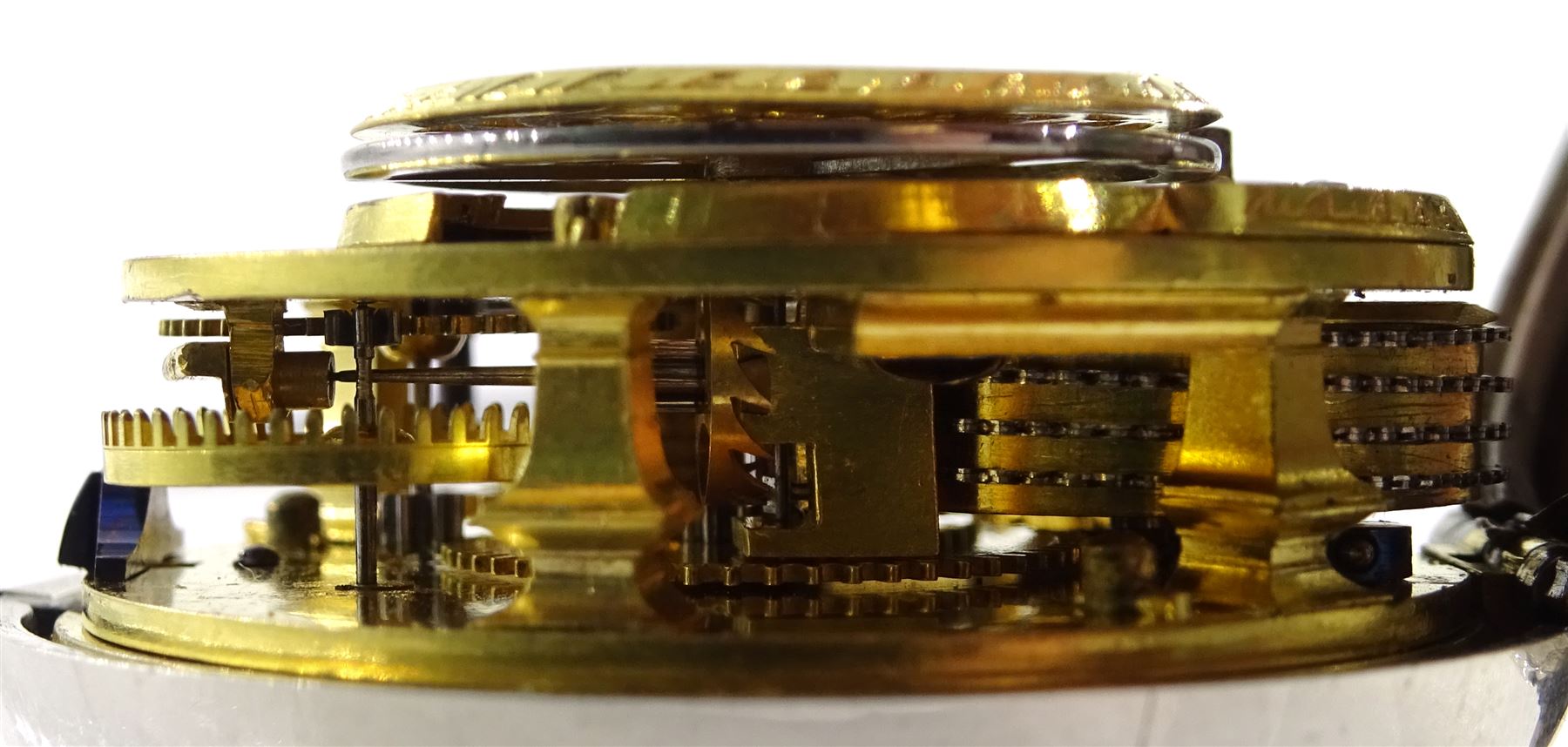 18th century silver pair cased verge fusee pocket watch by Alexander Hare (London ca.1781-1824), No. 200, square baluster pillars, pierced and engraved balance cock, white enamel dial with Roman hours and outer Arabic minute ring, beetle and poker hands, case makers mark G H, London 1770, with a fabric watchpaper embroidered with map of Europe