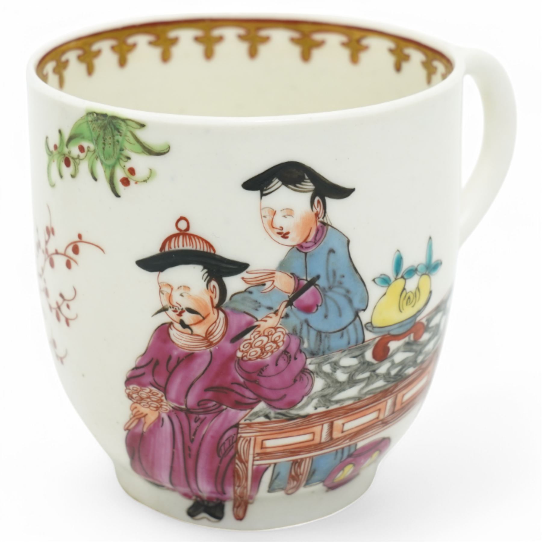 18th century Worcester trio, comprising coffee cup, small bowl and saucer, decorated with a Chinese scene of a flower seller in polychrome enamels, within gilt spearhead borders, saucer D12cm (3)