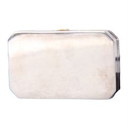 Modern silver miniature paint box, of plain rectangular form with canted corners, the hinged cover lifting to reveal a compartmented gilt interior containing twelve paints, hallmarked Sarah Jones, London 1986, L6cm