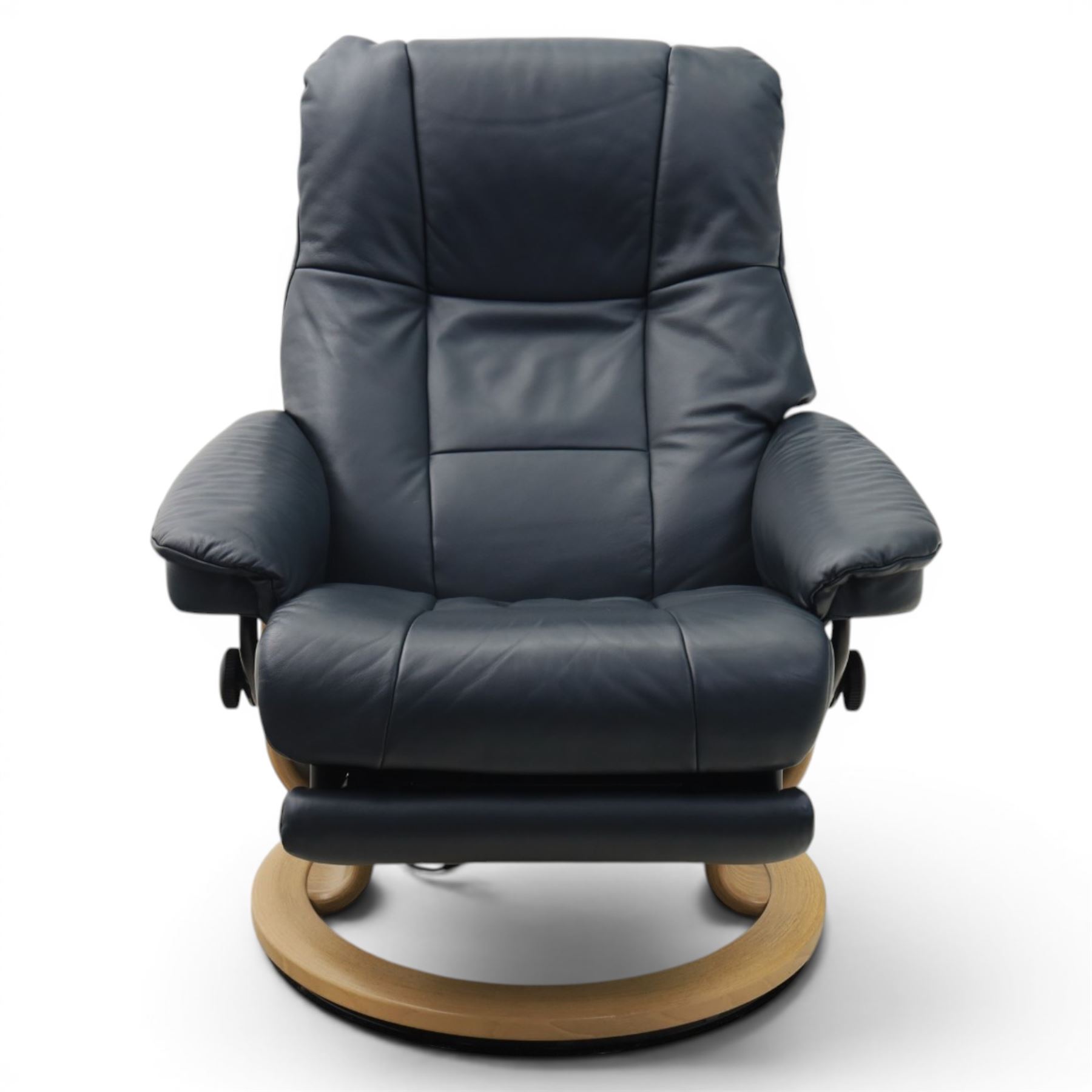 Ekornes - Stressless 'Mayfair, Classic Power' motorised swivel recliner armchair, size medium, upholstered in blue leather, raised on an oak finish frame