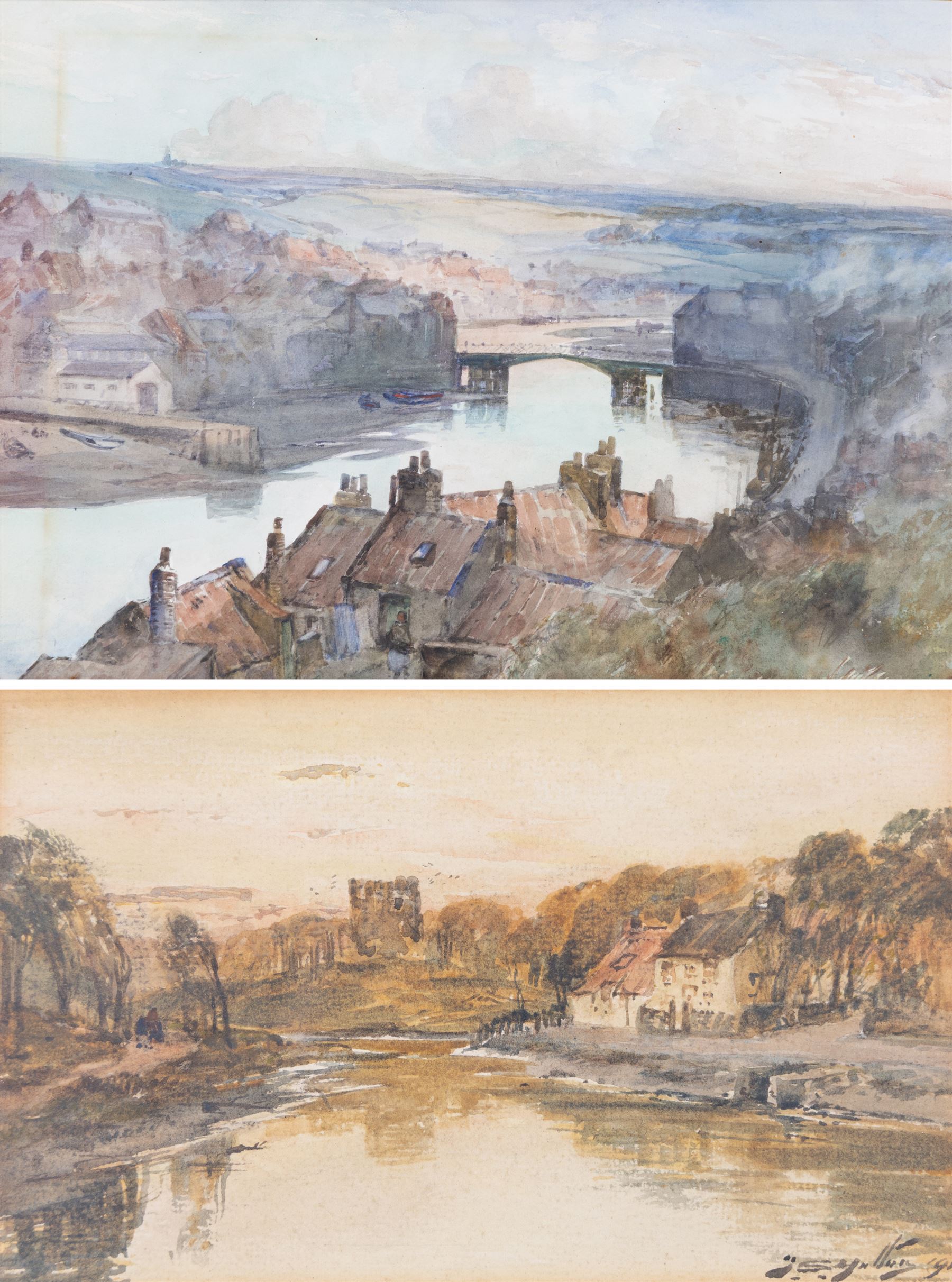 Thomas Swift Hutton (British 1860-1935): 'Whitby Town from Spion Kop' and Castle View, two watercolours one signed, the other titled and attributed verso 26cm x 36cm (2)