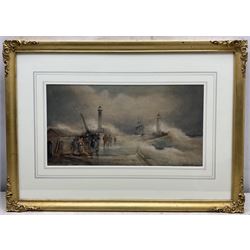 Frederick William Booty (British 1840-1924): Whitby Piers, watercolour signed and dated 1911, 20cm x 38cm