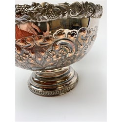 An early 20th century Barker Ellis Silver Co Ltd silver plated punch bowl, with embossed foliate detail to the body, applied rim with fruiting vines and acanthus leaves, and raised upon a stepped circular base with gadrooned detail, with MS shield mark beneath for Barker Ellis, H22c, D31cm. 