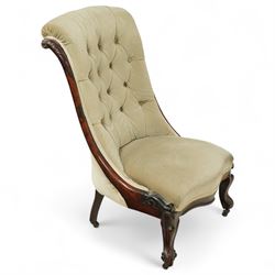 Victorian mahogany framed nursing chair, with pale green upholstered and buttoned backrest...