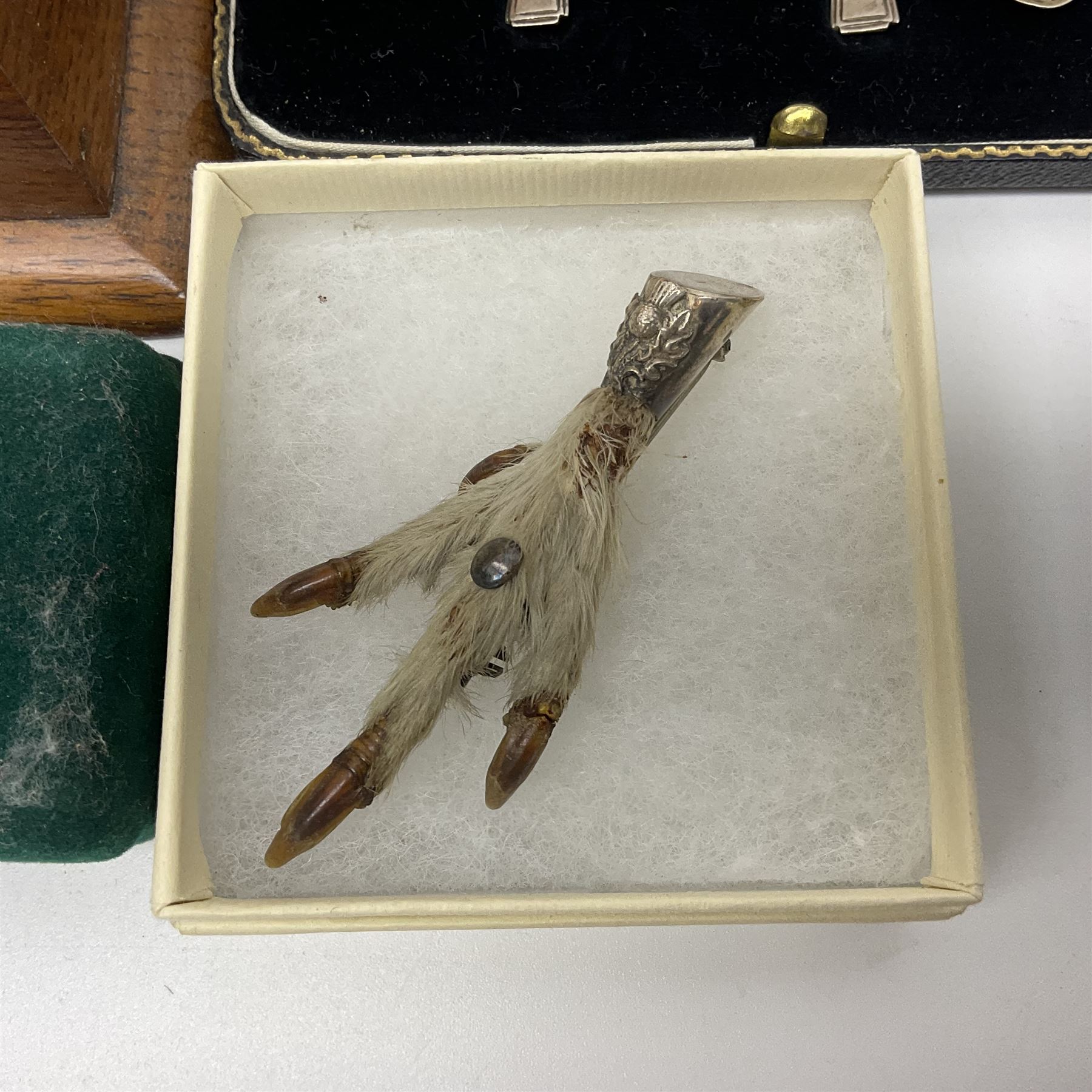 Five silver coffee spoons, together with one other, hallmarked, silver jewellery and costume jewellery in a wooden jewellery box