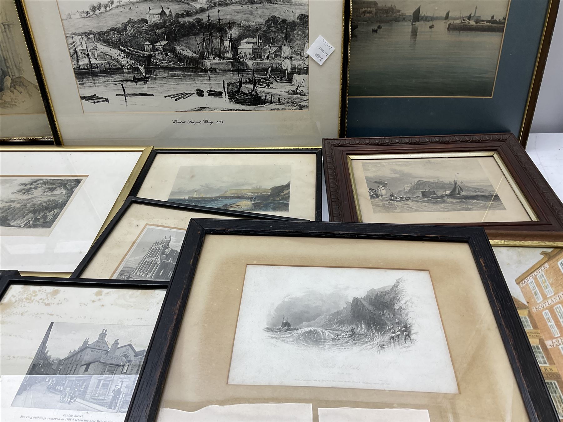 After Francis Pickernell: 'The New Swivel Bridge over the Esk at Whitby', engraving pub. c1835, 22cm x 25cm in original rosewood frame; an interesting collection of prints, engravings and watercolours relating to Whitby (a lot)