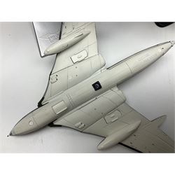Thirteen unboxed Corgi Aviation Archive or similar die-cast models of aircraft, most with stands; Airfix 1:72 scale construction kit for BAe Harrier GR3; and two boxed Shell Collection die-cast models of cars