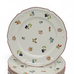 Villeroy & Boch Petite Fleur pattern part tea service comprising seven cups, ten saucers, ten plates, sugar bowl and cover, milk jug, saucer dish and rectangular plate
