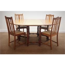  Early 20th century light oak drop leaf table, gate leg action, turned supports (137cm x 175cm, H75cm) and four oak chairs with upholstered seats  