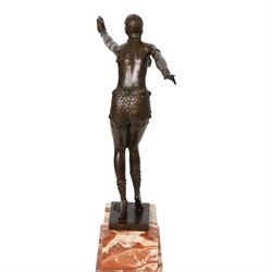 After Demétre Haralamb Chiparus (Romanian 1886-1947): Art Deco style bronze figure modelled as a dancer with outstretched arms, signed to the stepped bronze base and also bearing foundry stamp, upon a tapering marble plinth, overall H49cm
